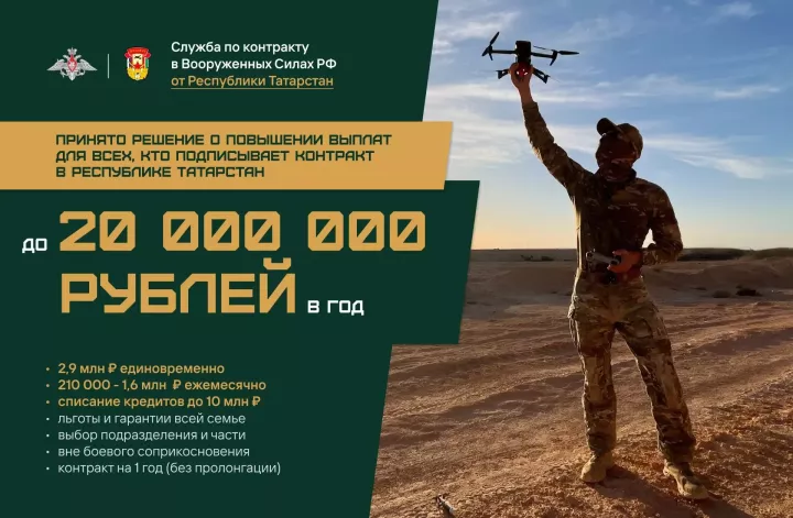 Татарстаннан хәрби хезмәткә чакырылучылар контрактка кул куеп 2,9 млн сумга кадәр алырга мөмкин